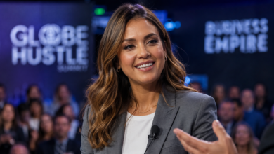 A realistic photograph of Jessica Alba wearing a tailored business blazer, smiling and speaking into a lapel microphone at a global corporate summit stage with an audience in the background.