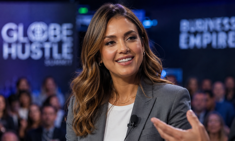 A realistic photograph of Jessica Alba wearing a tailored business blazer, smiling and speaking into a lapel microphone at a global corporate summit stage with an audience in the background.