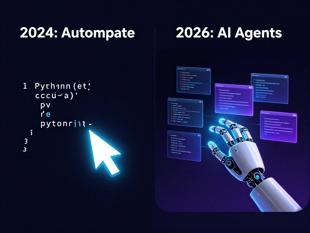 Infographic illustration comparing traditional AI autocomplete versus 2026 autonomous AI coding agents