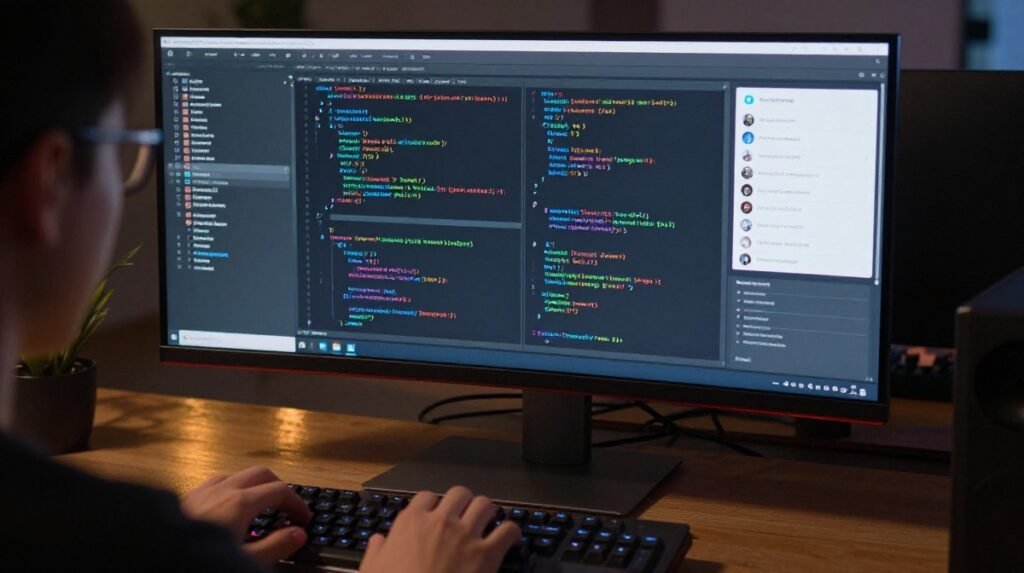Close-up shot of a developer hands typing on a mechanical keyboard with AI developer interface on screen
