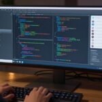 Close-up shot of a developer hands typing on a mechanical keyboard with AI developer interface on screen