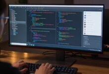 Close-up shot of a developer hands typing on a mechanical keyboard with AI developer interface on screen