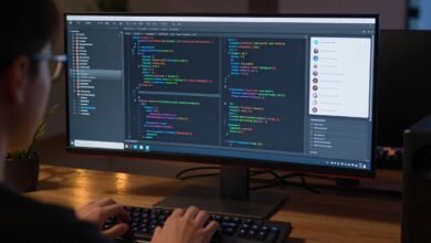 Close-up shot of a developer hands typing on a mechanical keyboard with AI developer interface on screen
