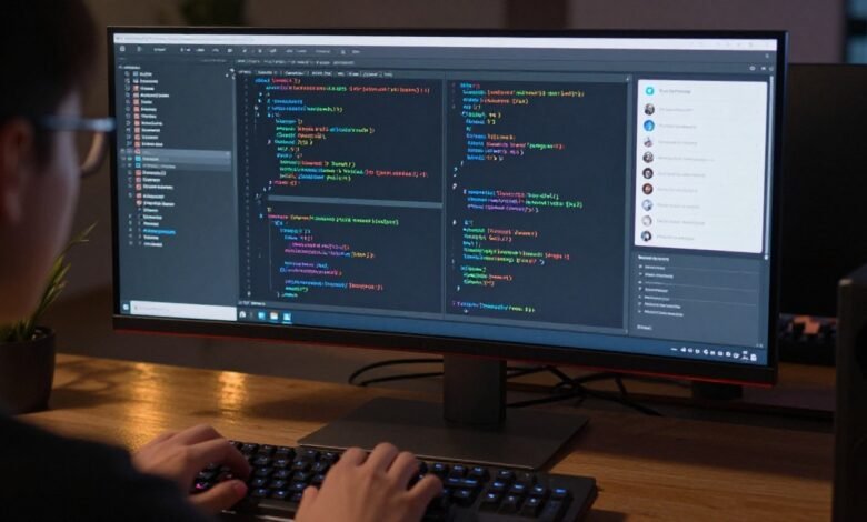 Close-up shot of a developer hands typing on a mechanical keyboard with AI developer interface on screen