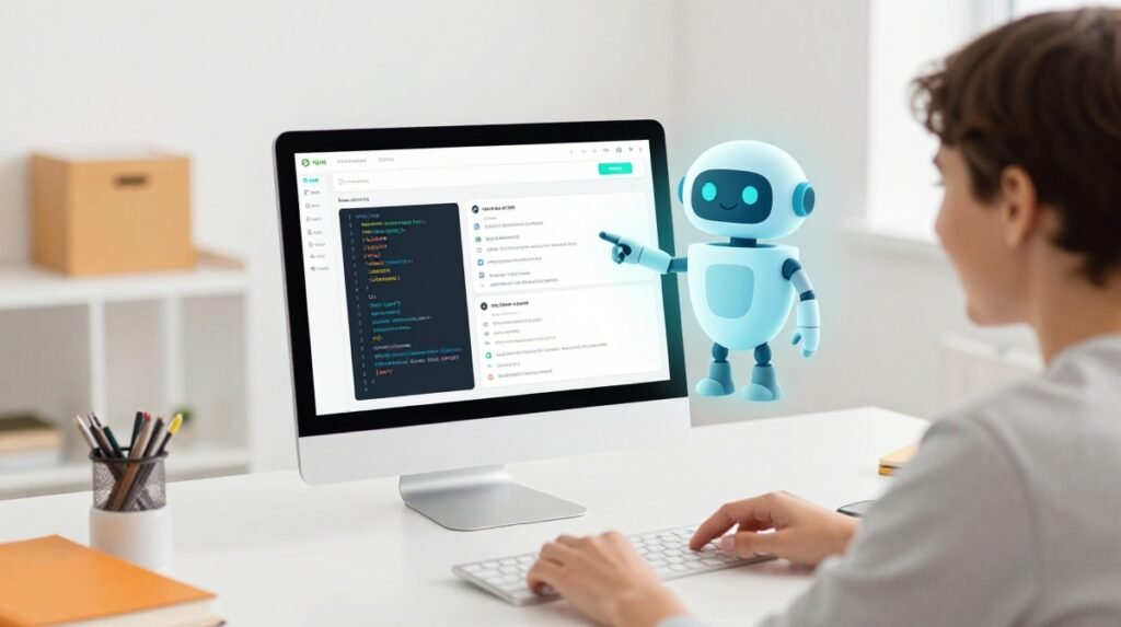 A smiling beginner student learning Python programming using an easy AI assistant interface