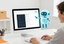 A smiling beginner student learning Python programming using an easy AI assistant interface