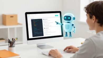 A smiling beginner student learning Python programming using an easy AI assistant interface