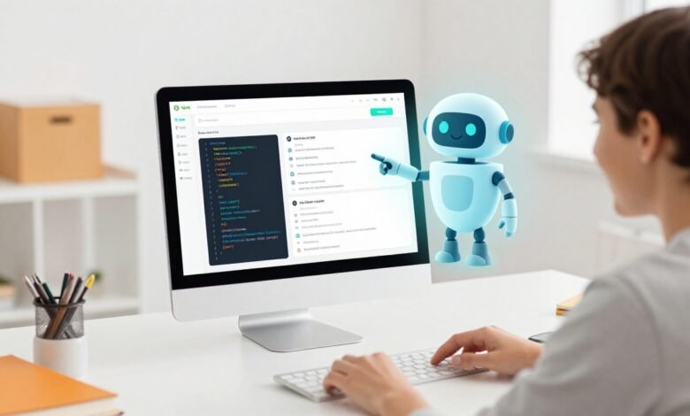 A smiling beginner student learning Python programming using an easy AI assistant interface