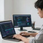 AI freelance gigs for engineering students working on laptop with data dashboards and coding interface