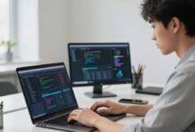 AI freelance gigs for engineering students working on laptop with data dashboards and coding interface