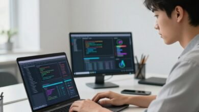 AI freelance gigs for engineering students working on laptop with data dashboards and coding interface