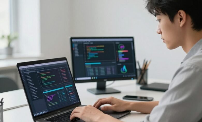 AI freelance gigs for engineering students working on laptop with data dashboards and coding interface