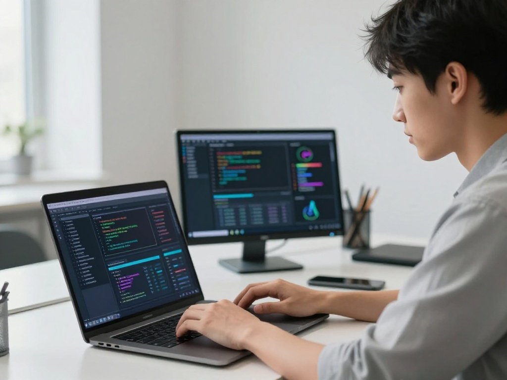 AI freelance gigs for engineering students working on laptop with data dashboards and coding interface