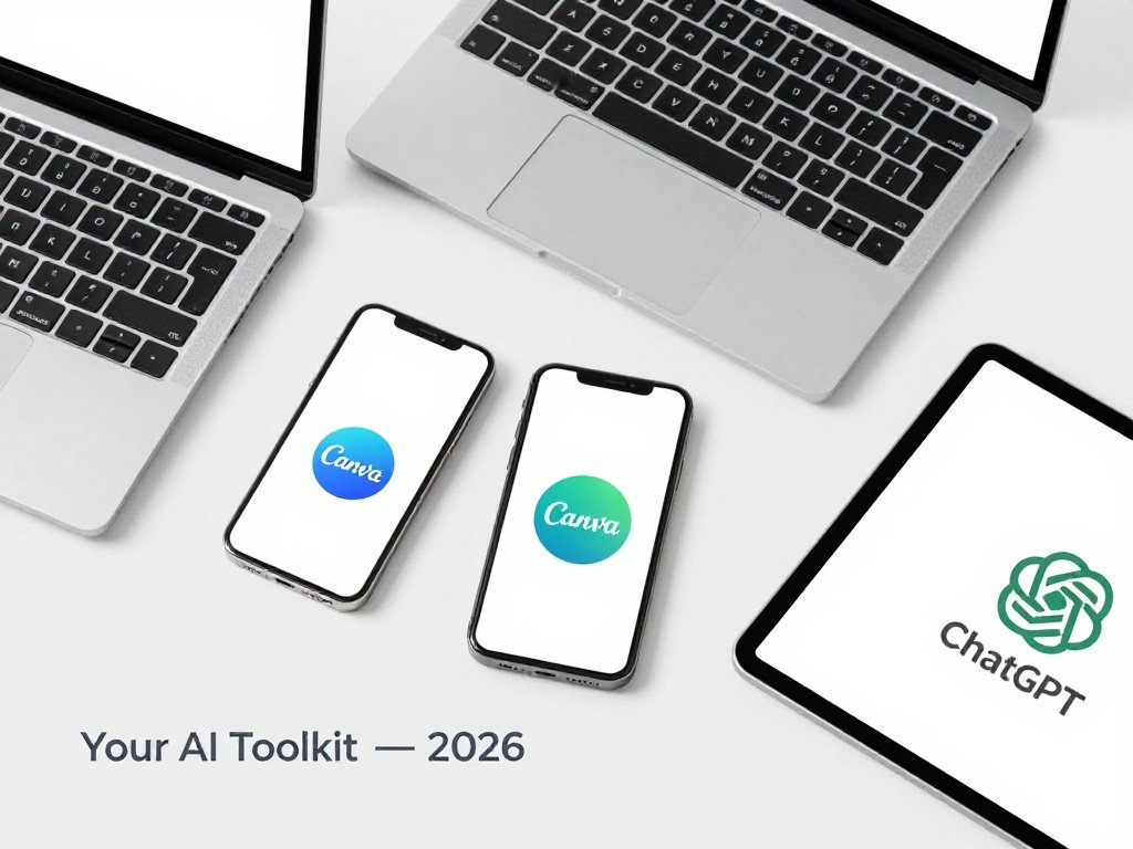 Best AI tools for freelancers in 2026 including ChatGPT Canva and Grammarly displayed on desk setup