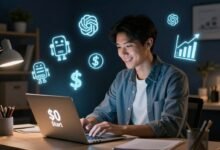 A person starting an AI business from home with zero investment using free AI tools in 2026"