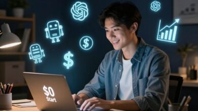 A person starting an AI business from home with zero investment using free AI tools in 2026"