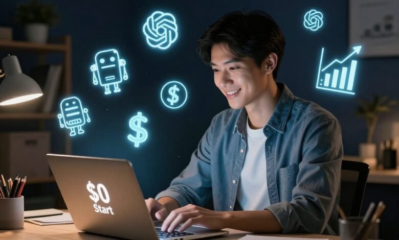 A person starting an AI business from home with zero investment using free AI tools in 2026"