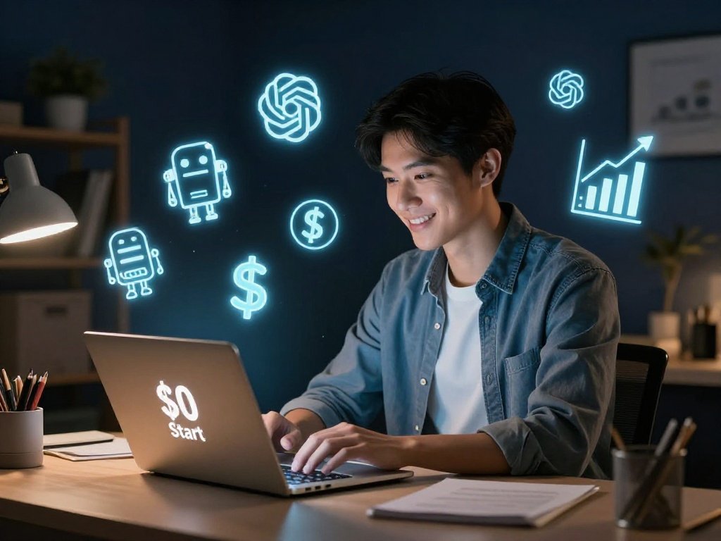 A person starting an AI business from home with zero investment using free AI tools in 2026"