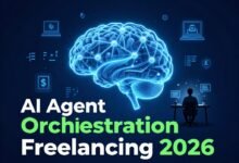 Freelancer managing AI agent orchestration workflow on laptop in 2026 earning remote income