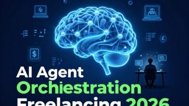 Freelancer managing AI agent orchestration workflow on laptop in 2026 earning remote income
