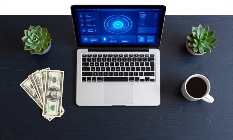 Laptop showing AI dashboard on desk with dollar bills — entry level AI jobs for students