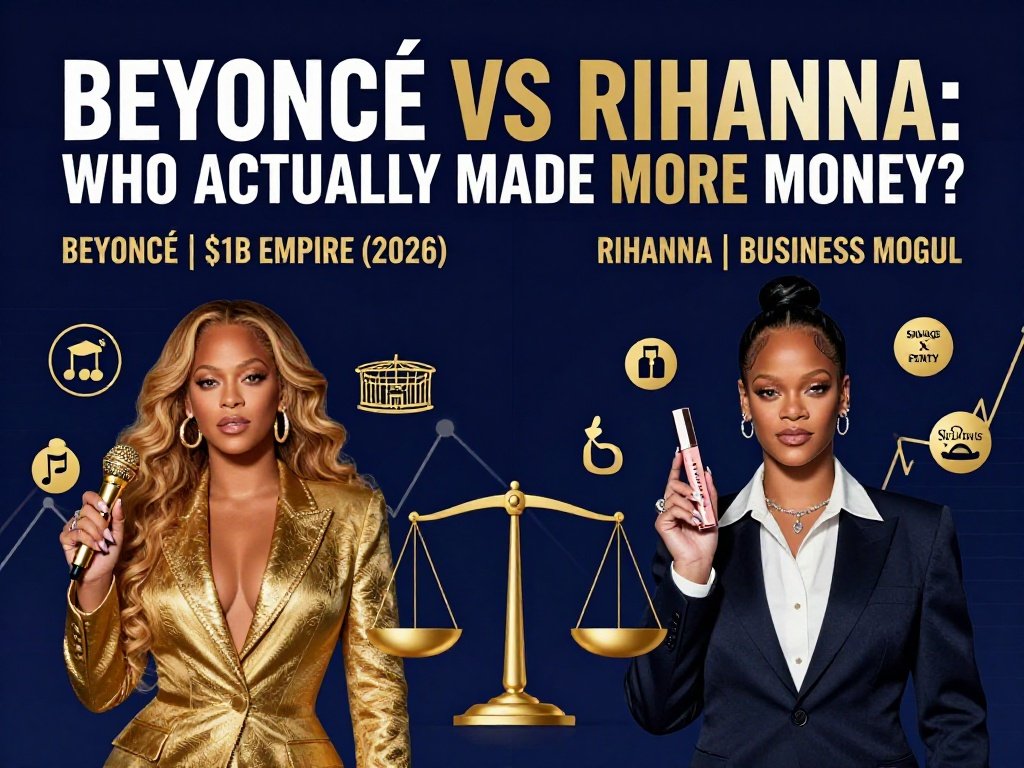 Beyoncé vs Rihanna net worth comparison infographic showing business ventures and music earnings