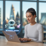 Young freelancer using AI tools on laptop to get first freelance client from home office