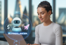 Young freelancer using AI tools on laptop to get first freelance client from home office