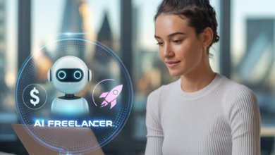 Young freelancer using AI tools on laptop to get first freelance client from home office