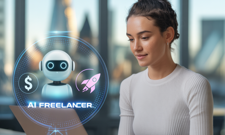Young freelancer using AI tools on laptop to get first freelance client from home office