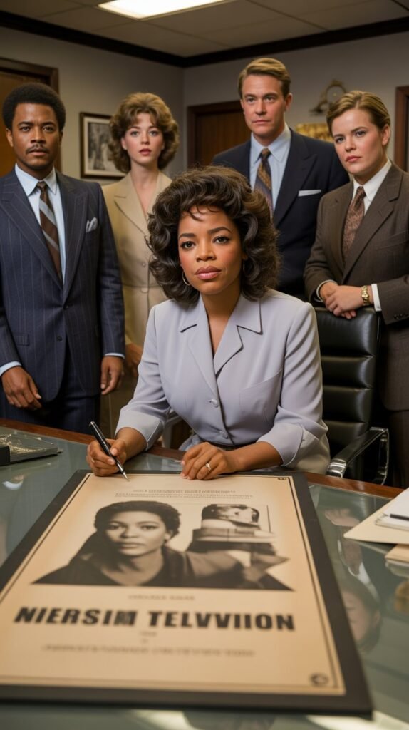 Oprah Winfrey signing her historic TV syndication deal