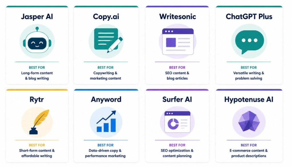 best AI content writing tools for businesses 2026 — Jasper AI, Copy.ai, Writesonic, ChatGPT, Rytr comparison