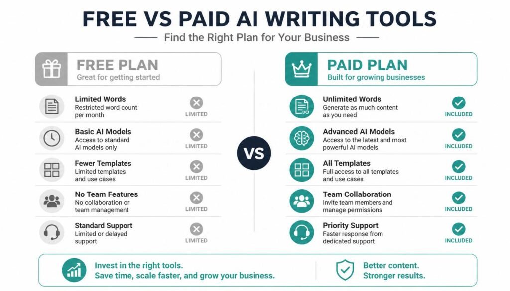 free vs paid AI content writing tools for businesses comparison infographic 2026