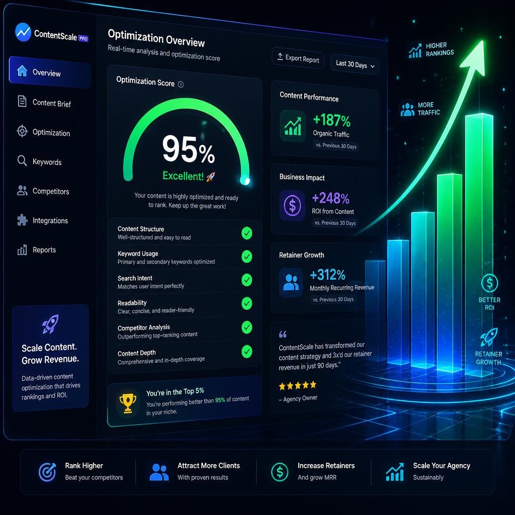 SEO content optimization score and performance metrics dashboard for remote digital strategists