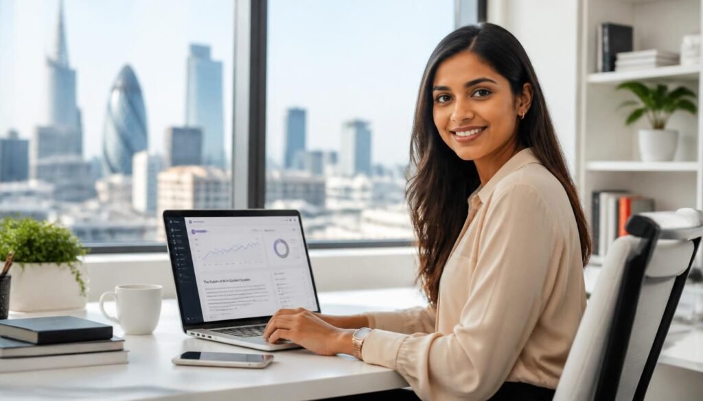 best AI content writing tools for businesses 2026 — professional using AI writing software on laptop