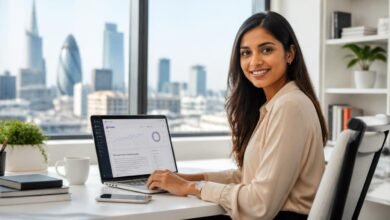 best AI content writing tools for businesses 2026 — professional using AI writing software on laptop