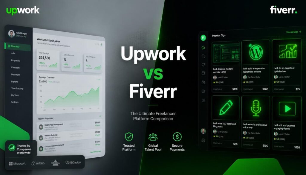 Upwork vs Fiverr platform comparison dashboard layout and workflow visualization