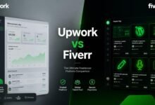 Upwork vs Fiverr platform comparison dashboard layout and workflow visualization