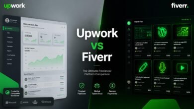 Upwork vs Fiverr platform comparison dashboard layout and workflow visualization