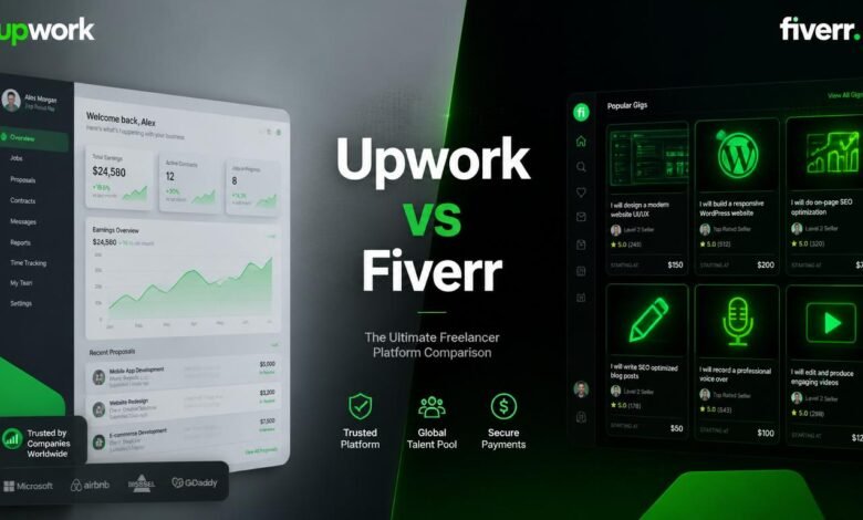 Upwork vs Fiverr platform comparison dashboard layout and workflow visualization
