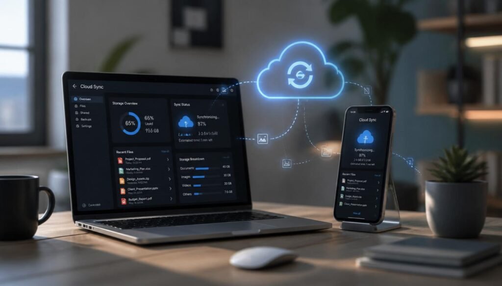 Seven top cloud storage services for 2026 compared side by side on desktop and smartphone screens.