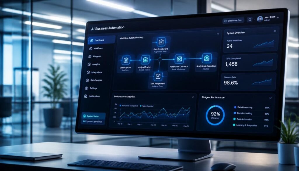Best AI tools to automate your business dashboard displaying autonomous workflow nodes