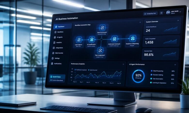 Best AI tools to automate your business dashboard displaying autonomous workflow nodes