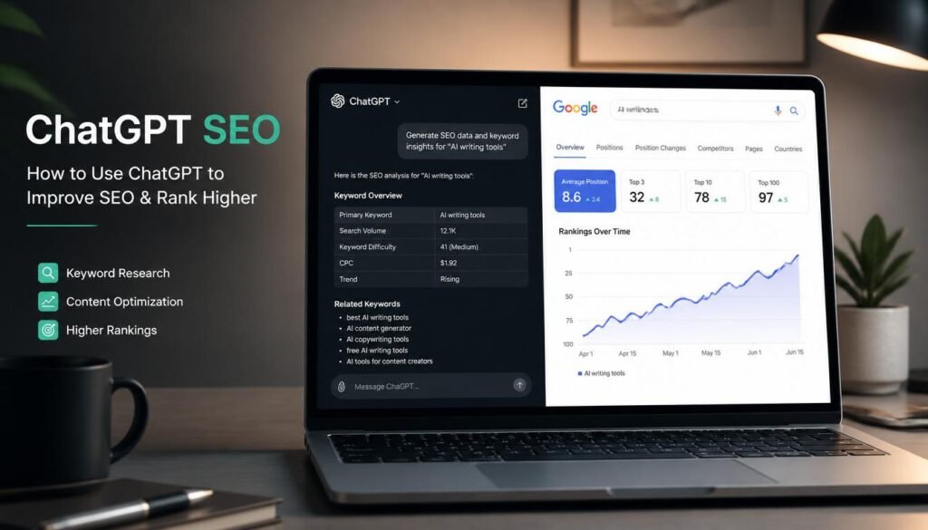 A freelancer using ChatGPT SEO strategy on a laptop to rank content on Google
