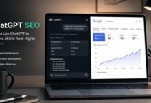 A freelancer using ChatGPT SEO strategy on a laptop to rank content on Google