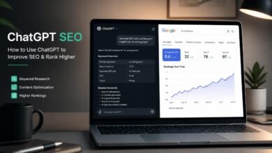A freelancer using ChatGPT SEO strategy on a laptop to rank content on Google