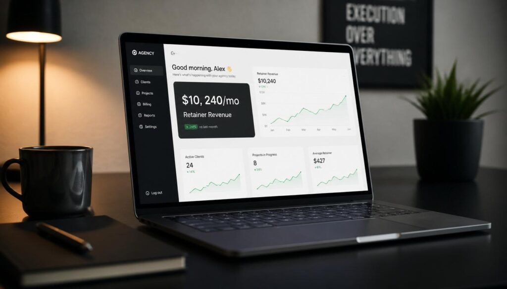 AI freelancer workspace dashboard showing 10k monthly revenue case study analytics 2026