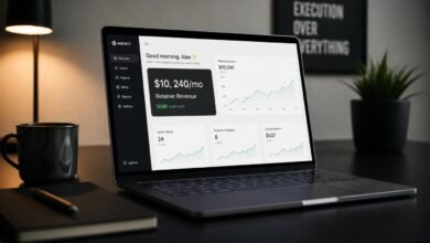 AI freelancer workspace dashboard showing 10k monthly revenue case study analytics 2026