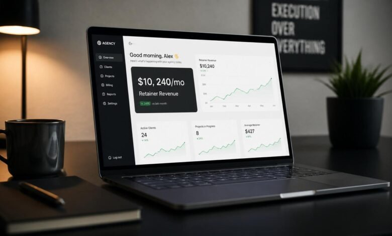 AI freelancer workspace dashboard showing 10k monthly revenue case study analytics 2026