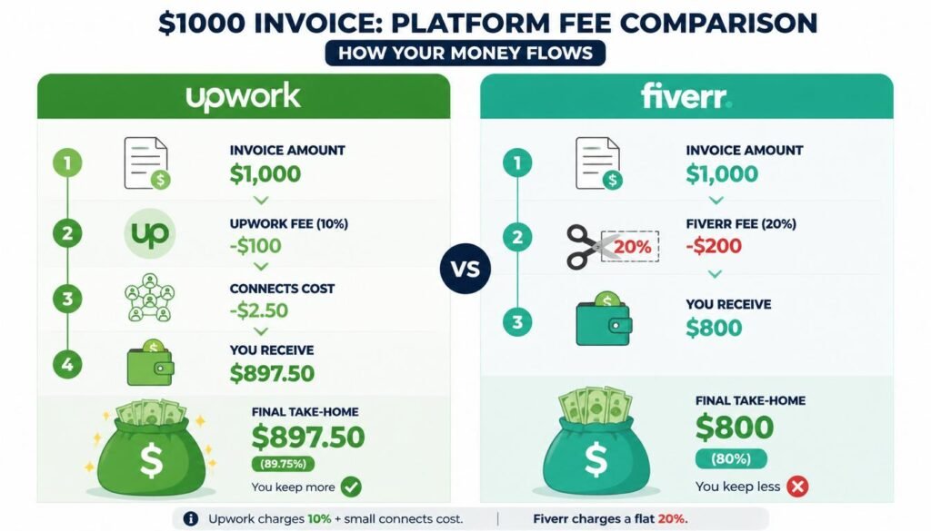 Infographic breakdown of Upwork connects costs vs Fiverr 20 percent flat platform fee structures